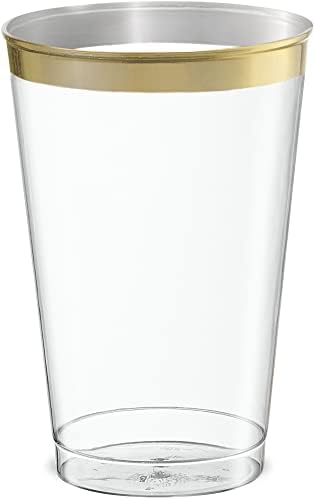 Disposable 12 oz Crystal Clear Plastic Tumblers With Gold Rim Pack of 50