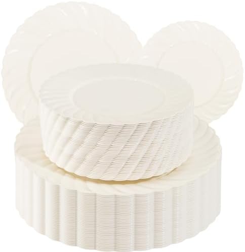 U-QE 100 Piece Ivory Scalloped Plastic Plates