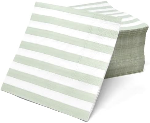 100 Pcs Sage Green White Stripe Cocktail Napkins for Party Supplies