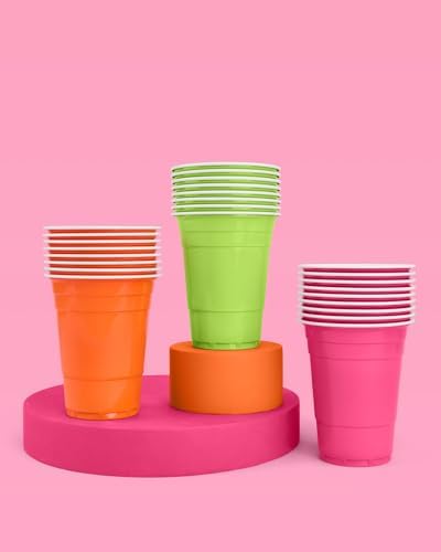 XO Fetti Pink Orange Green 16 oz Plastic Cups - 50 Piece Set