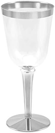 BloominGoods 50 Silver Rimmed Plastic Wine Glasses 10 oz Pack