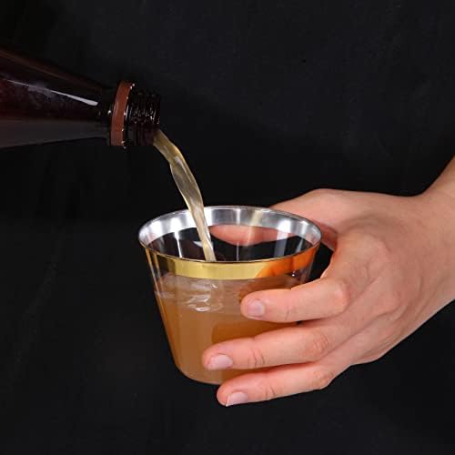 Tobvory 100 Pack Gold Rimmed Plastic Cups 9 oz