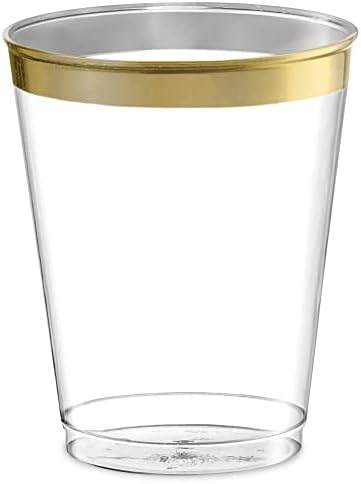 Disposable 8 oz Crystal Clear Plastic Tumblers With Gold Rim Pack of 50
