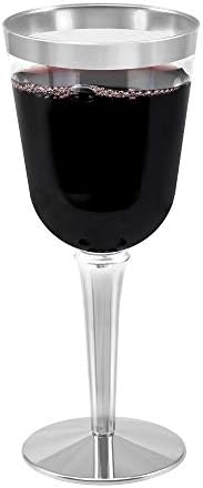 BloominGoods 50 Silver Rimmed Plastic Wine Glasses 10 oz Pack