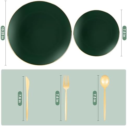 I00000 150Pcs Green Plastic Plates with Gold Rim Set