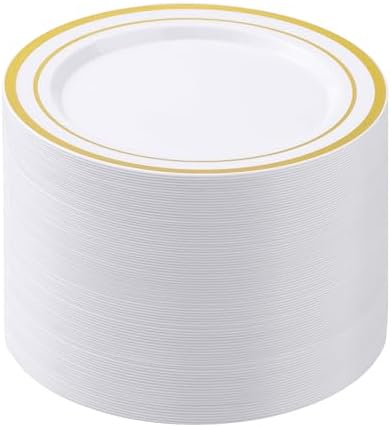 100PCS White Plastic Plates with Gold Rim 1025 Inch