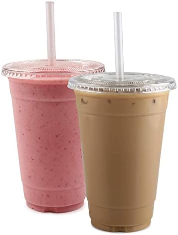 TashiBox 16 oz Plastic Cups with Flat Lids 100 Sets