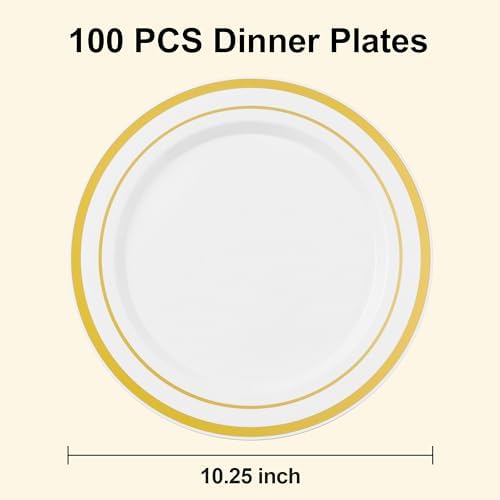 100PCS White Plastic Plates with Gold Rim 1025 Inch