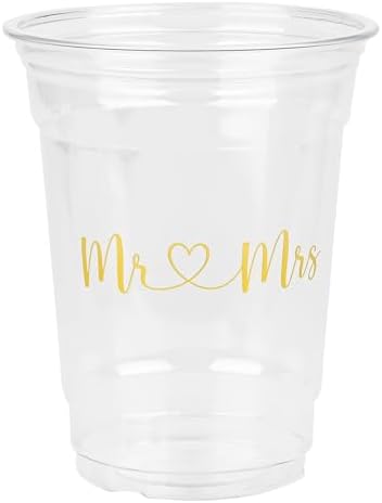 100Pcs Mr and Mrs Disposable Plastic Cups Wedding Reception 12oz Clear Drinkware