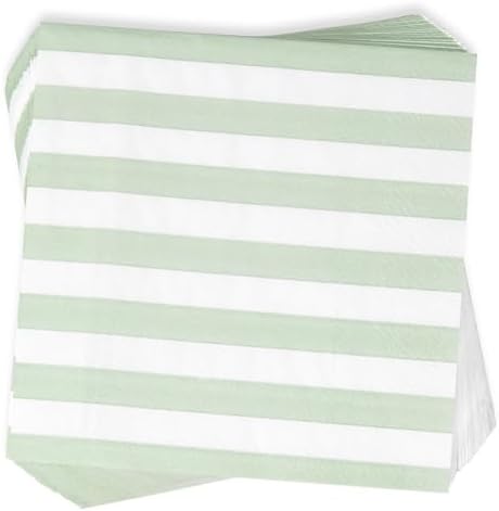 100 Pcs Sage Green White Stripe Cocktail Napkins for Party Supplies