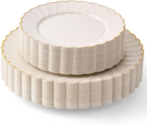 By Madee 60 Pc Ivory Scalloped Plates with Gold Trim