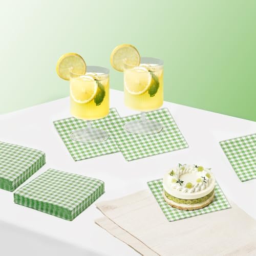 FLOWERCAT 100 Count 2 Ply Green Checkered Napkins 5x5 Inches