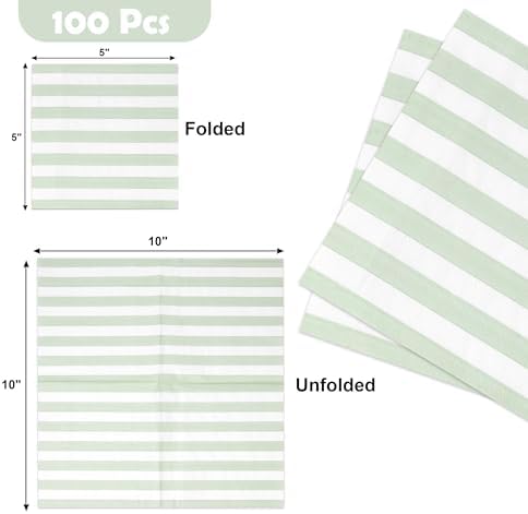 100 Pcs Sage Green White Stripe Cocktail Napkins for Party Supplies