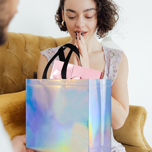 Glossy Iridescent Gift Bags 15 Pcs with Black Handles