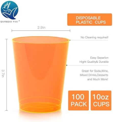 100 Pack 10oz Neon Plastic Cups for Parties