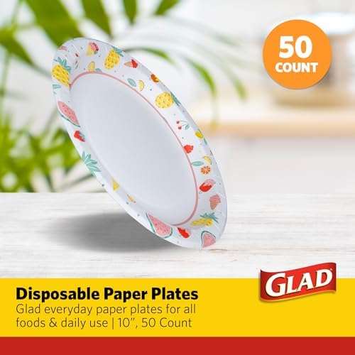 Glad Round Disposable Paper Plates Picnic Pattern 10 Inch 50 Count