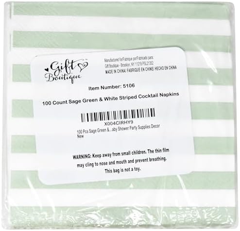 100 Pcs Sage Green White Stripe Cocktail Napkins for Party Supplies