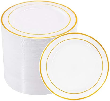 bUCLA 100PCS Gold Rim Plastic Plates - 625 Inch Wedding Party Use