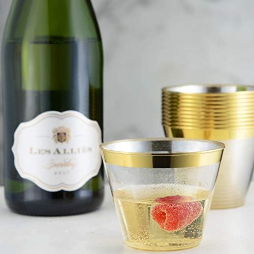 100 Pack 9oz Gold Glitter Plastic Cups with Gold Rim - Premium Partyware