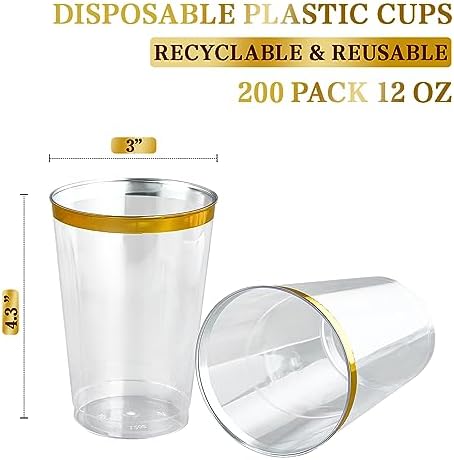 FOCUSLINE 200 Pack 12 oz Gold Rim Plastic Cups
