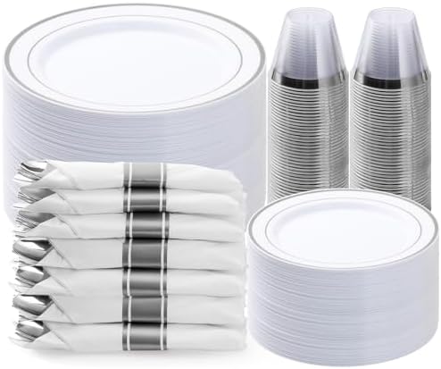 350PCS Silver Plastic Dinnerware Set for 50 Guests