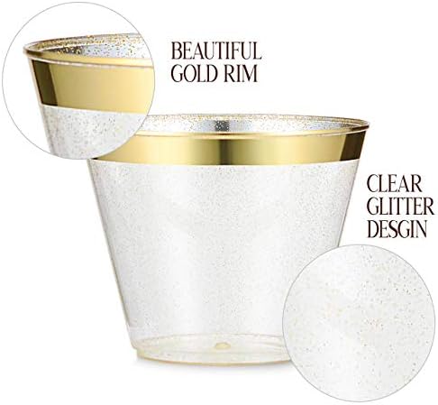 100 Pack 9oz Gold Glitter Plastic Cups with Gold Rim - Premium Partyware