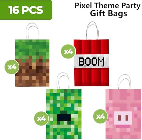 Pixel Party Favors Bags 16pcs - Game Theme Gift Bags with Handles