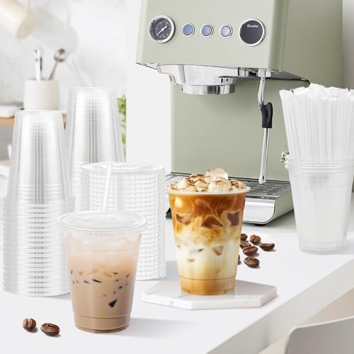 16 oz 100 Pack Plastic Cups with Lids and Straws