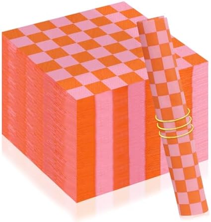 100 Pcs Plaid Paper Napkins Pink Orange Party Use