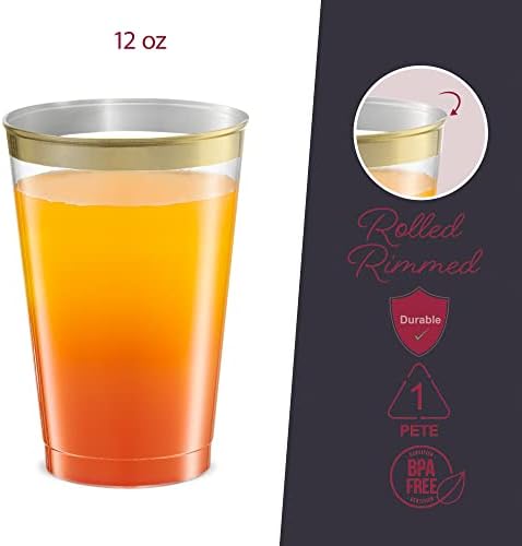 Disposable 12 oz Crystal Clear Plastic Tumblers With Gold Rim Pack of 50