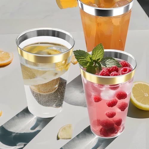 12oz Clear Plastic Cups with Gold Rim 100 Pack