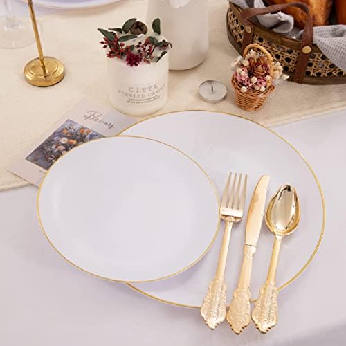 KIRE 100PCS Disposable Plates - White with Gold Rim for Party and Wedding