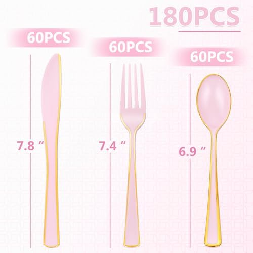 180 Piece Pink Plastic Silverware Set with Gold