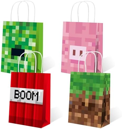 Pixel Party Favors Bags 16pcs - Game Theme Gift Bags with Handles