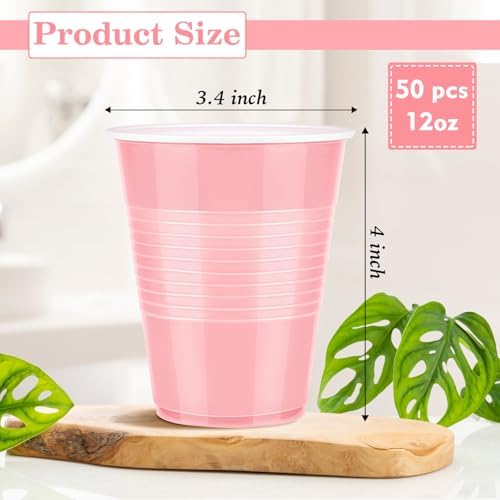 50 Pack Pink Plastic Cups 12 Ounce Disposable Party Cups