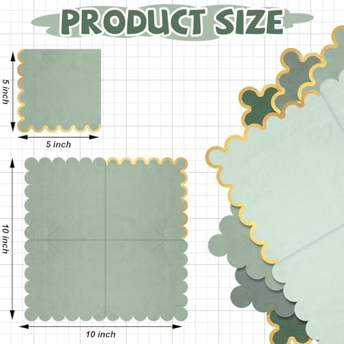 100 Pack Scalloped Gold Foil Cocktail Napkins Green