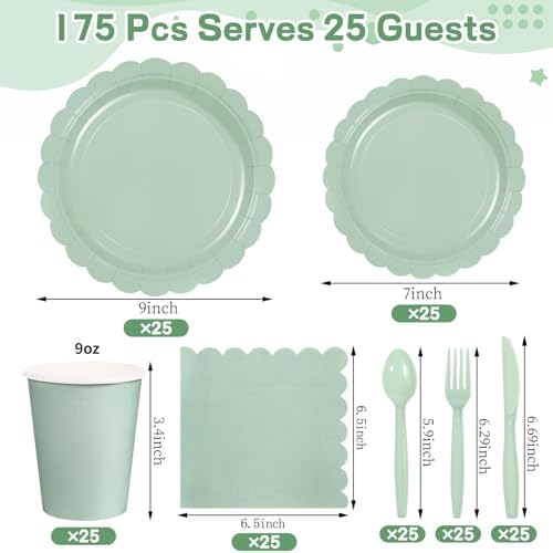 175 Pcs Sage Green Paper Plates and Napkins Set