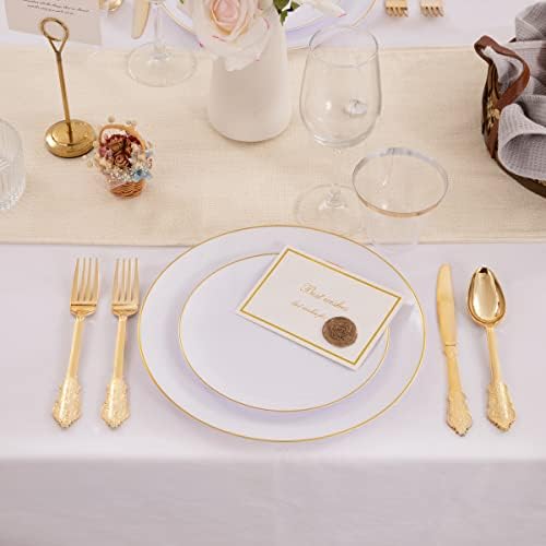 KIRE 100PCS Disposable Plates - White with Gold Rim for Party and Wedding