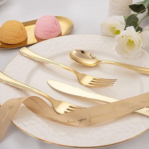 WDF 500PCS Gold Plastic Cutlery Set - Forks Spoons Knives for Events