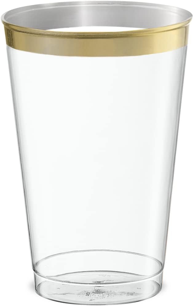 Disposable 12 oz Crystal Clear Plastic Tumblers With Gold Rim Pack of 50