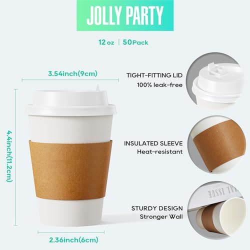 JOLLY PARTY 50 Pack 12 oz Paper Coffee Cups with Lids and Stirrers