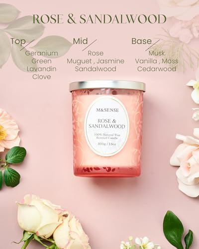 MSENSE Rose Sandalwood Scented Candle Wooden Wick 18 oz