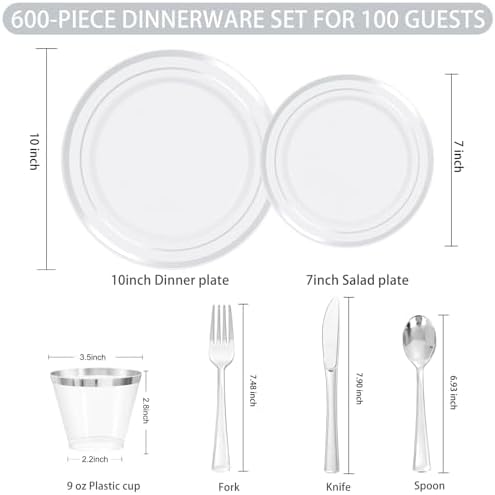 WELLIFE 600 PCS Silver Disposable Dinnerware Set for 100 Guests