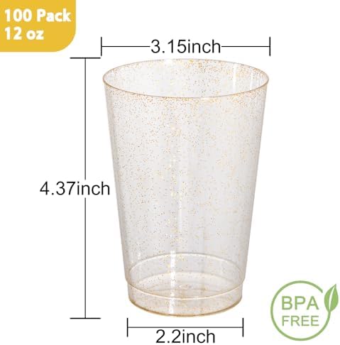 100 Pack Gold Glitter 12 Oz Party Cups for Events