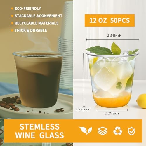 RMERVE 50 Pcs Clear 12oz Disposable Stemless Glasses