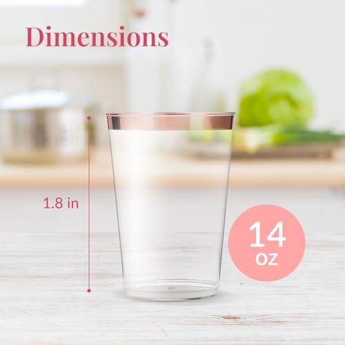 50 Pack Disposable Plastic Cups with Rose Gold Rim