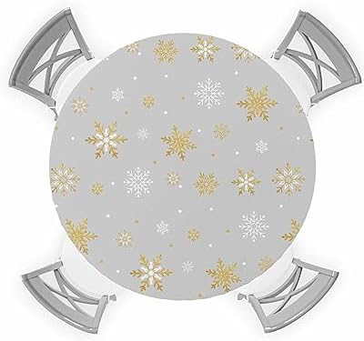 Winter Snowflake Round Waterproof Table Cover Gold Grey White 45-54