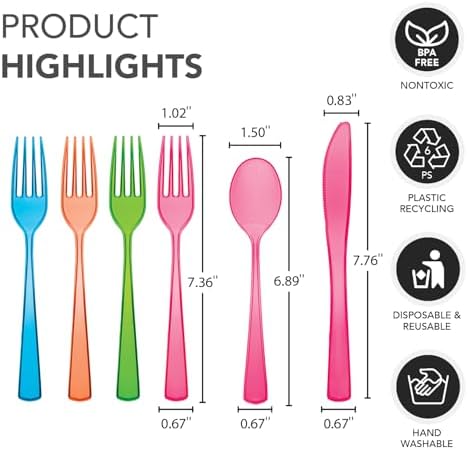 Party Essentials Heavy-Duty Neon Cutlery Combo Pack 288 Pieces