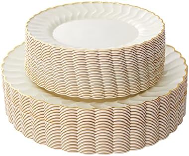 Lullaby 60PCS Ivory Scalloped Plastic Plates with Gold Rim