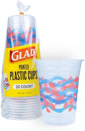 Glad Everyday Clear Plastic Cups with Lobster Waves Design 16 Oz 20 Count